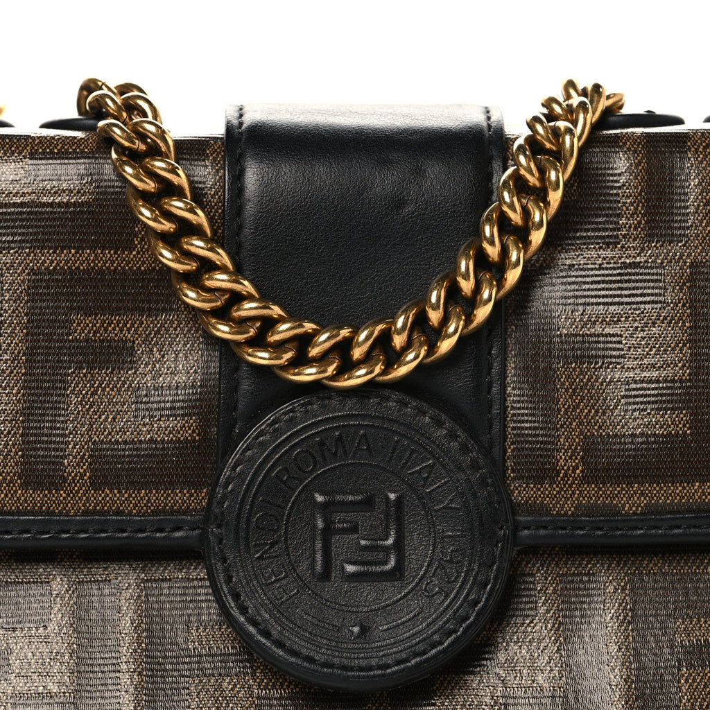 Glazed Fabric Vitello Century FF 1974 Stamp Patch Mini Double F Crossbody Bag Mogano Panna Black