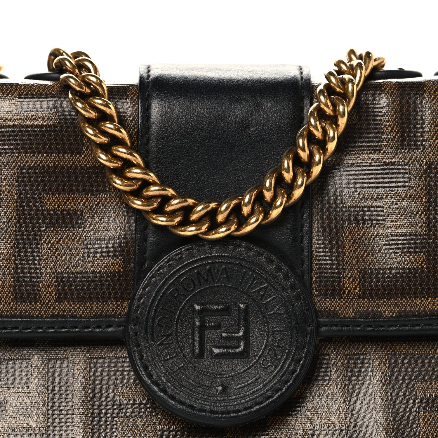 Glazed Fabric Vitello Century FF 1974 Stamp Patch Mini Double F Crossbody Bag Mogano Panna Black