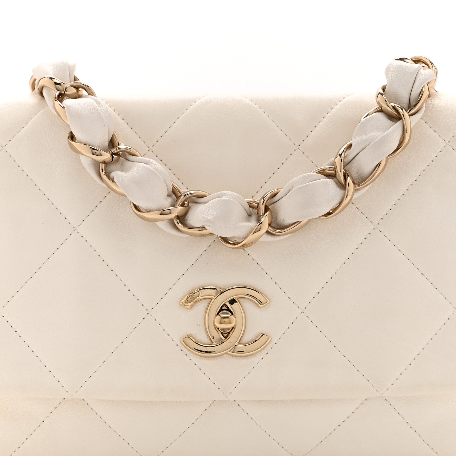 Lambskin Quilted Logo Strap Flap White
