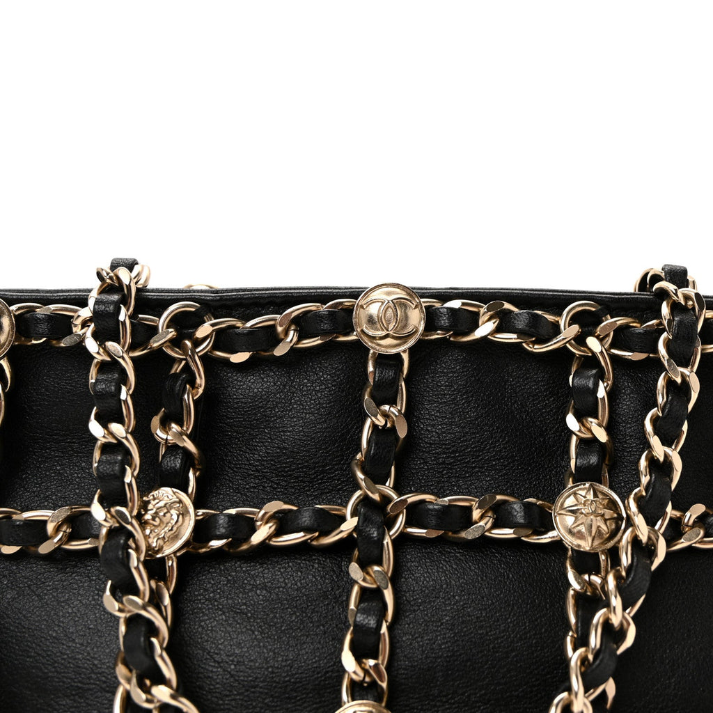 Lambskin Chain Frame Medallion Shoulder Bag Black