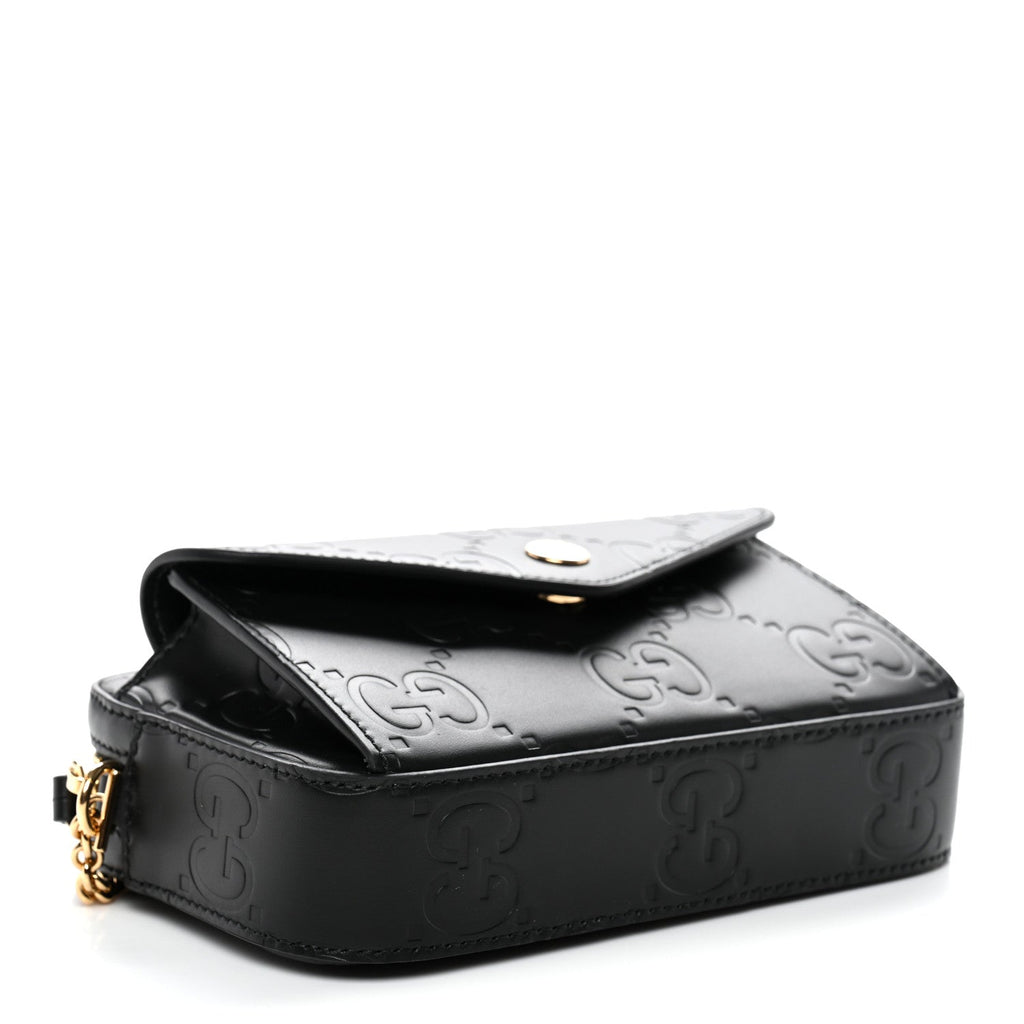 Calfskin GG Super Mini Debossed Chain Wallet Black