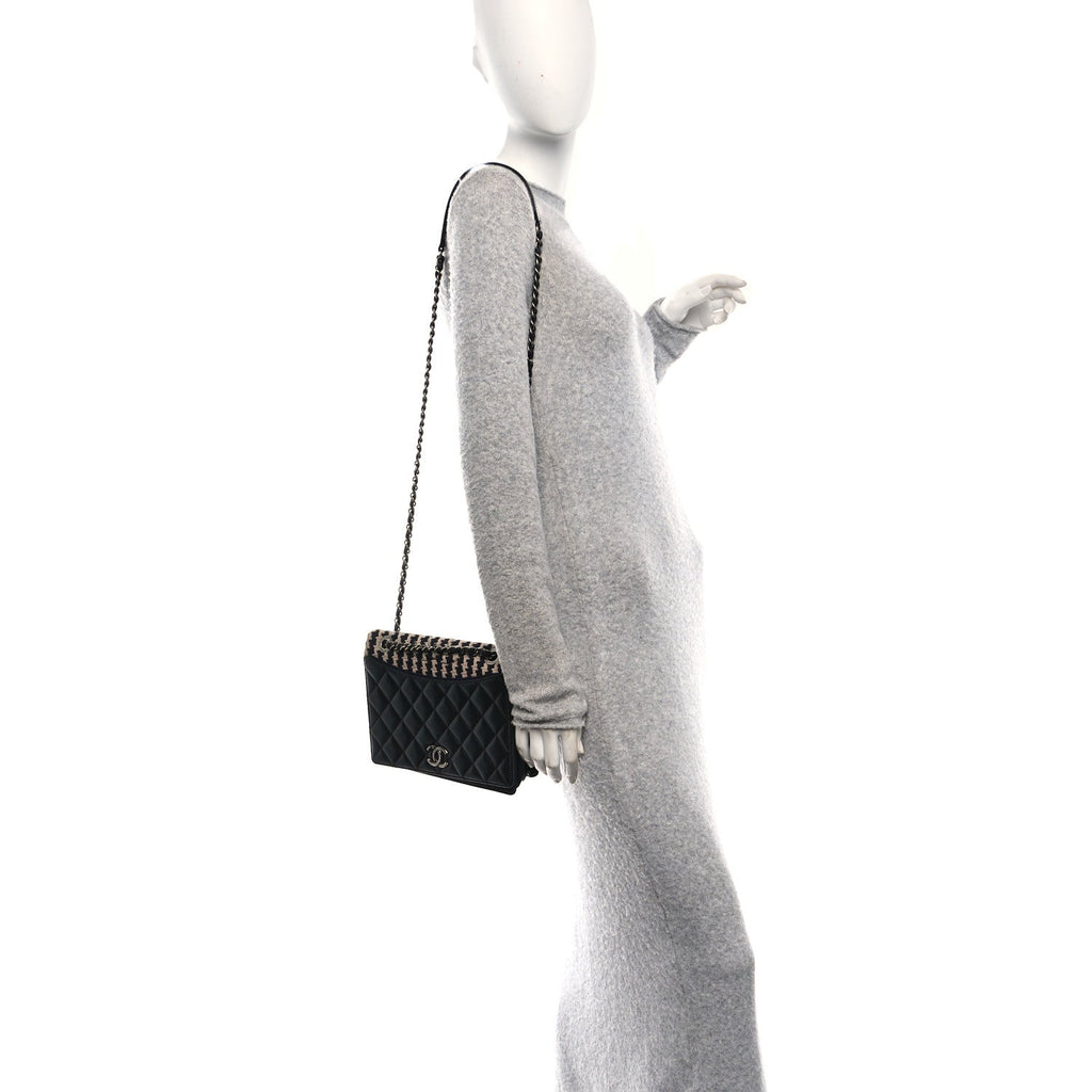 Tweed Calfskin Quilted Ballerine Flap Black Navy Beige