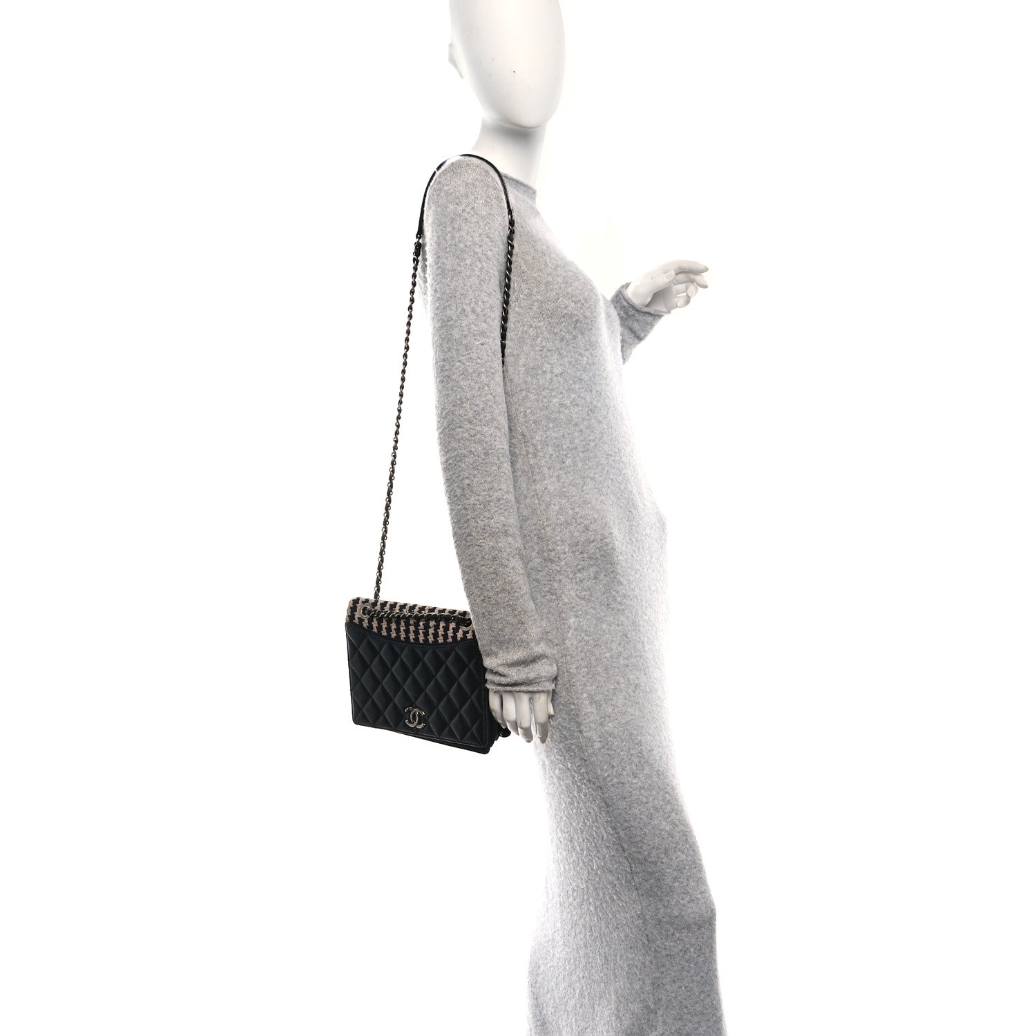 Tweed Calfskin Quilted Ballerine Flap Black Navy Beige
