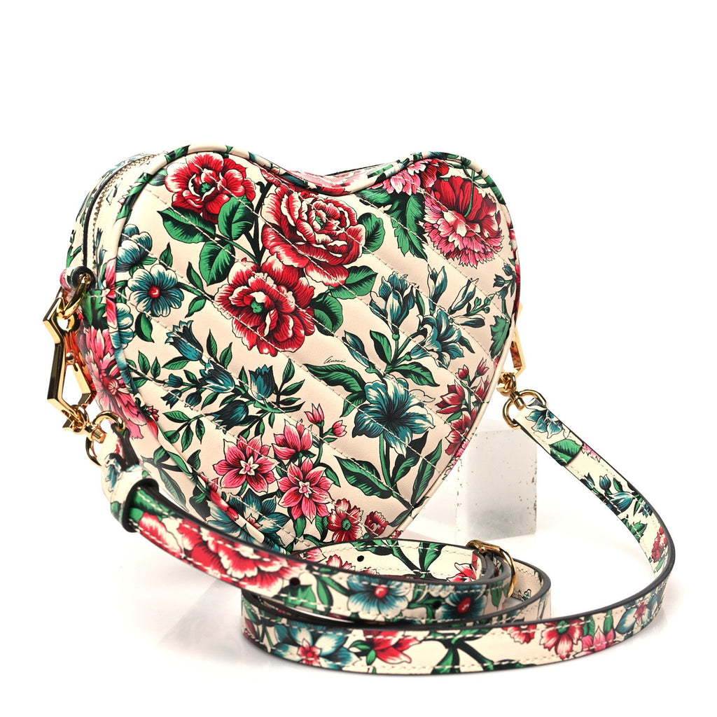 Calfskin Matelasse Diagonal Brit Roses Print Mini Interlocking G Heart Shoulder Bag  White Multicolor
