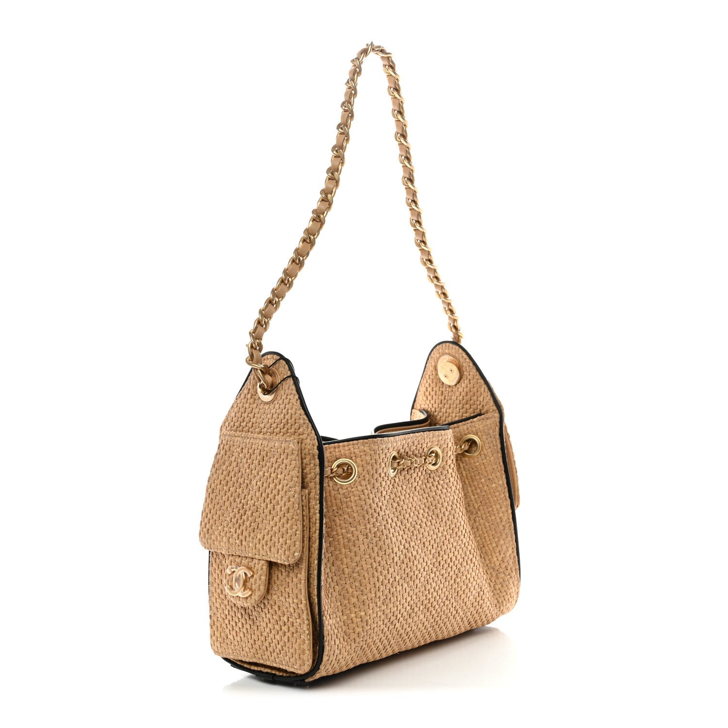 Braided Raffia Calfskin Quilted Mini Chanel 25 Handbag Beige Black