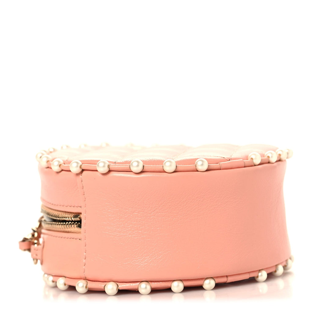 Calfskin Quilted Pearl Round Clutch With Chain Pink