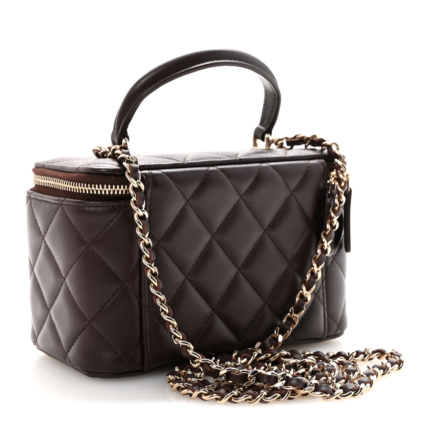 Lambskin Quilted Small Top Handle Vanity Case With Chain Dark Brown