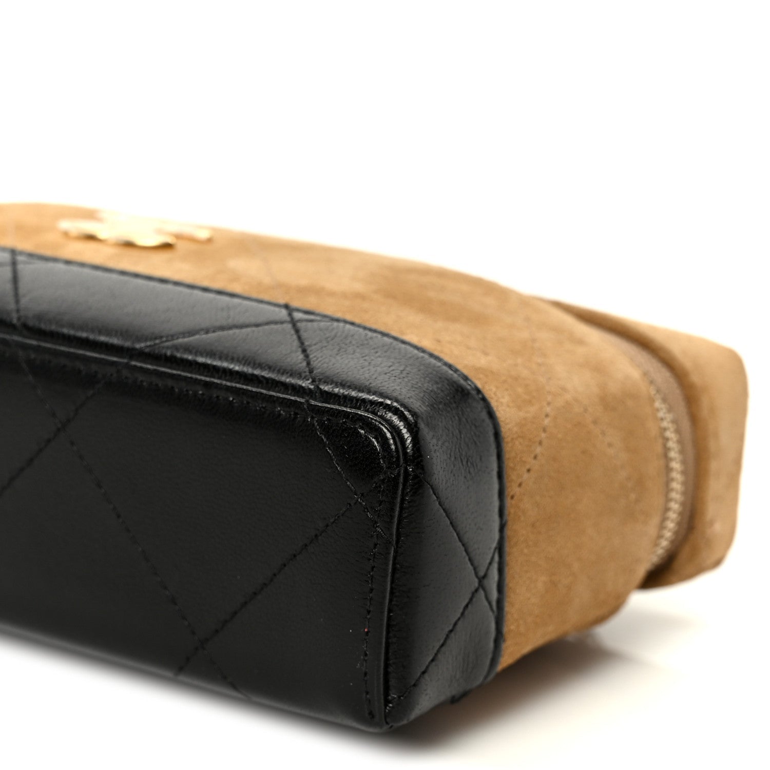 Suede Calfskin Shiny Lambskin Stitched Top Handle Slim Vanity Case With Chain Beige Black
