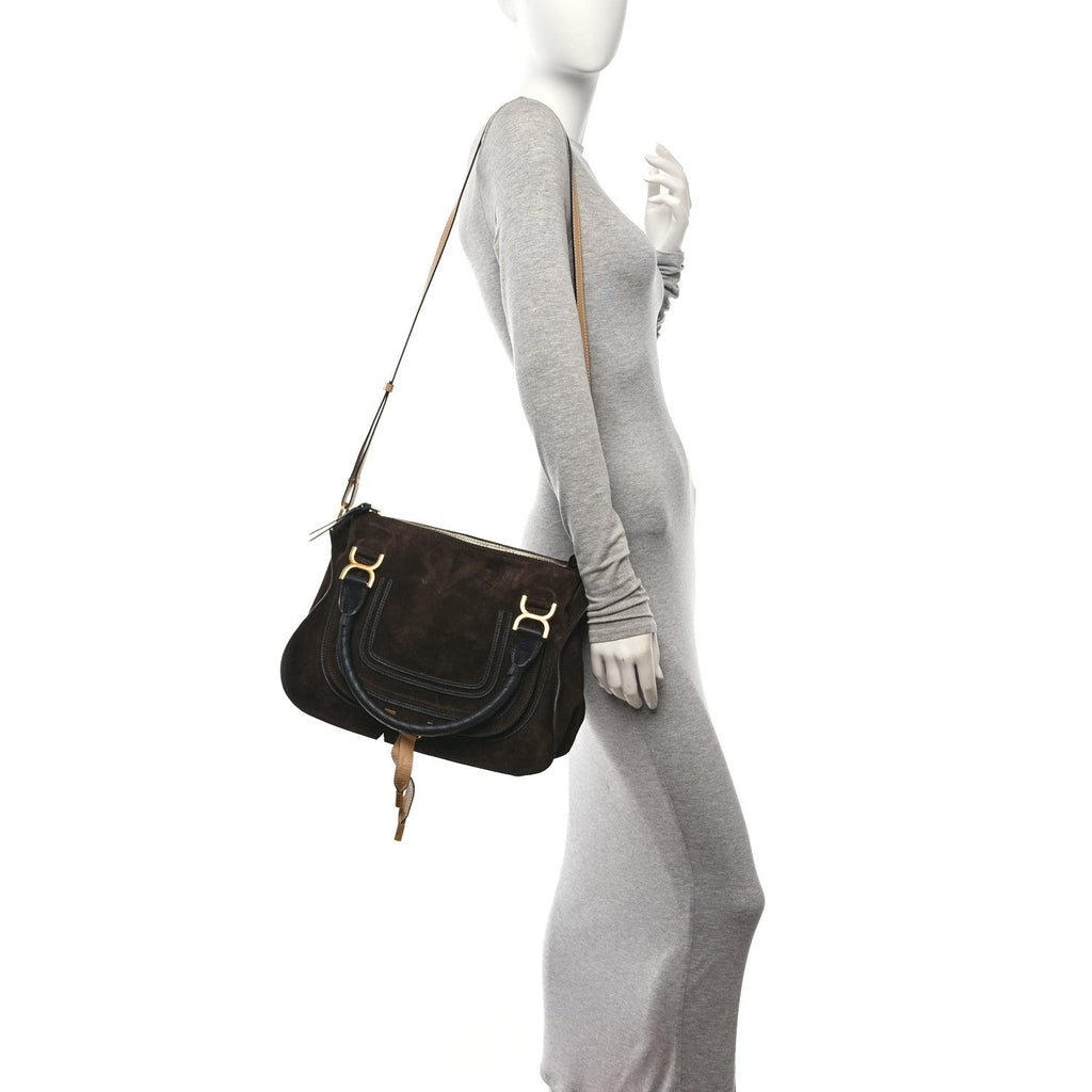 Suede Calfskin Braided Medium Marcie Double Carry Dark Brown