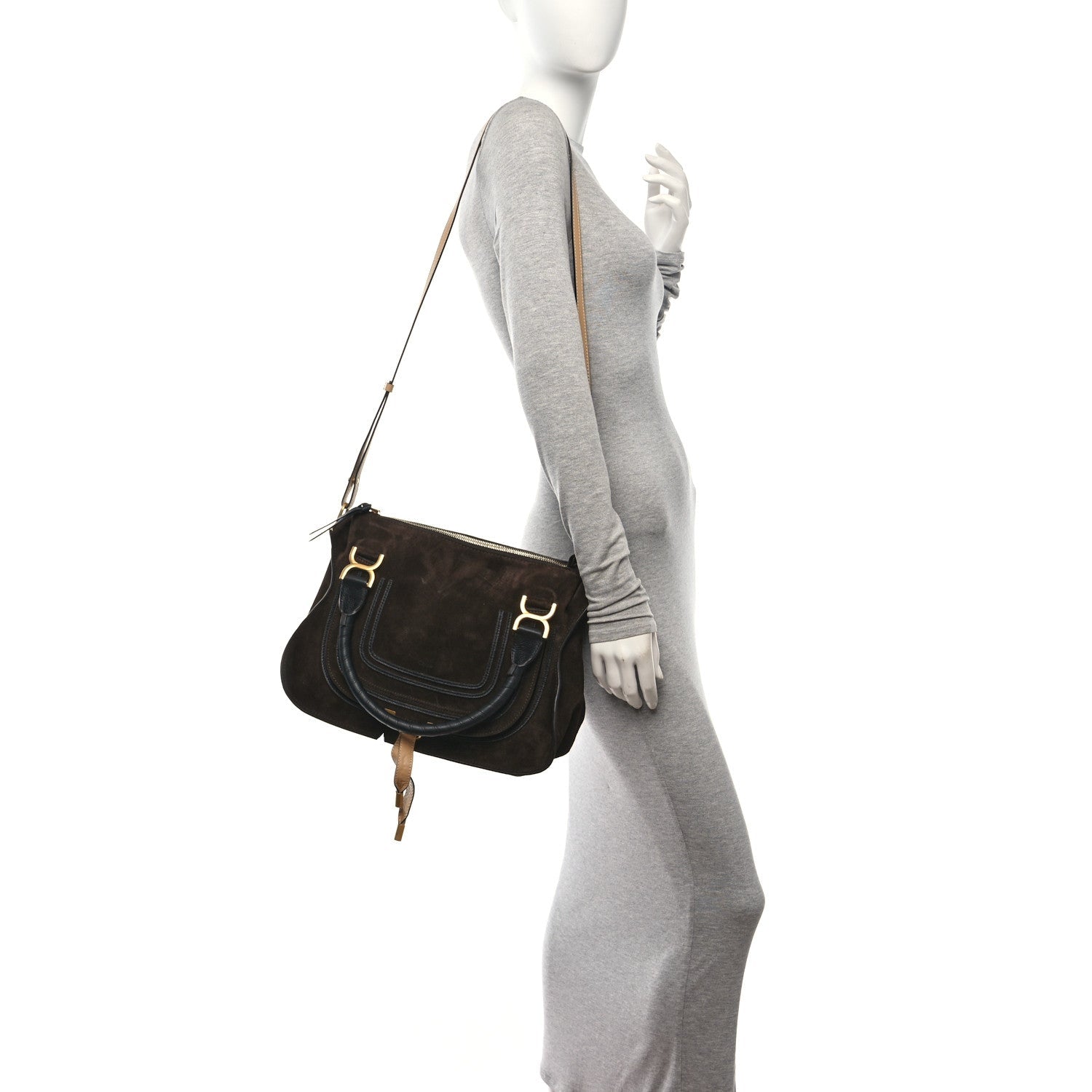 Suede Calfskin Braided Medium Marcie Double Carry Dark Brown