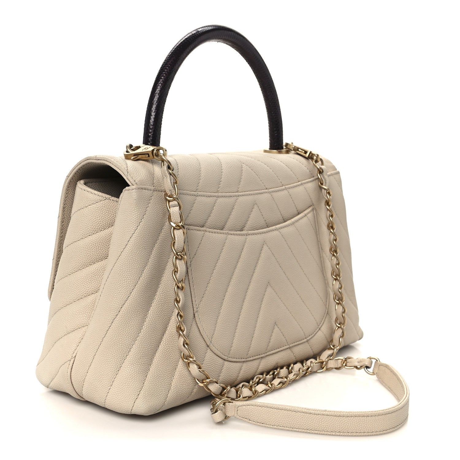 Caviar Lizard Embossed Chevron Quilted Small Coco Handle Flap Beige