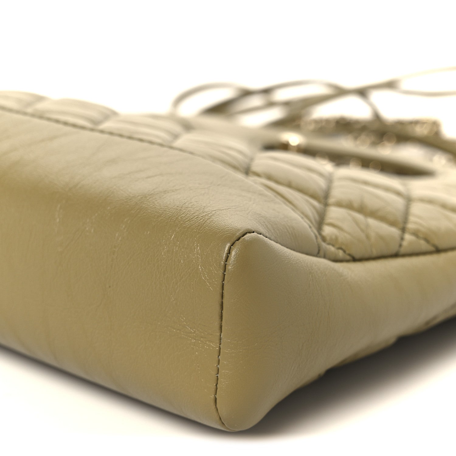 Shiny Crumpled Calfskin Quilted Mini 31 Shopping Bag Khaki