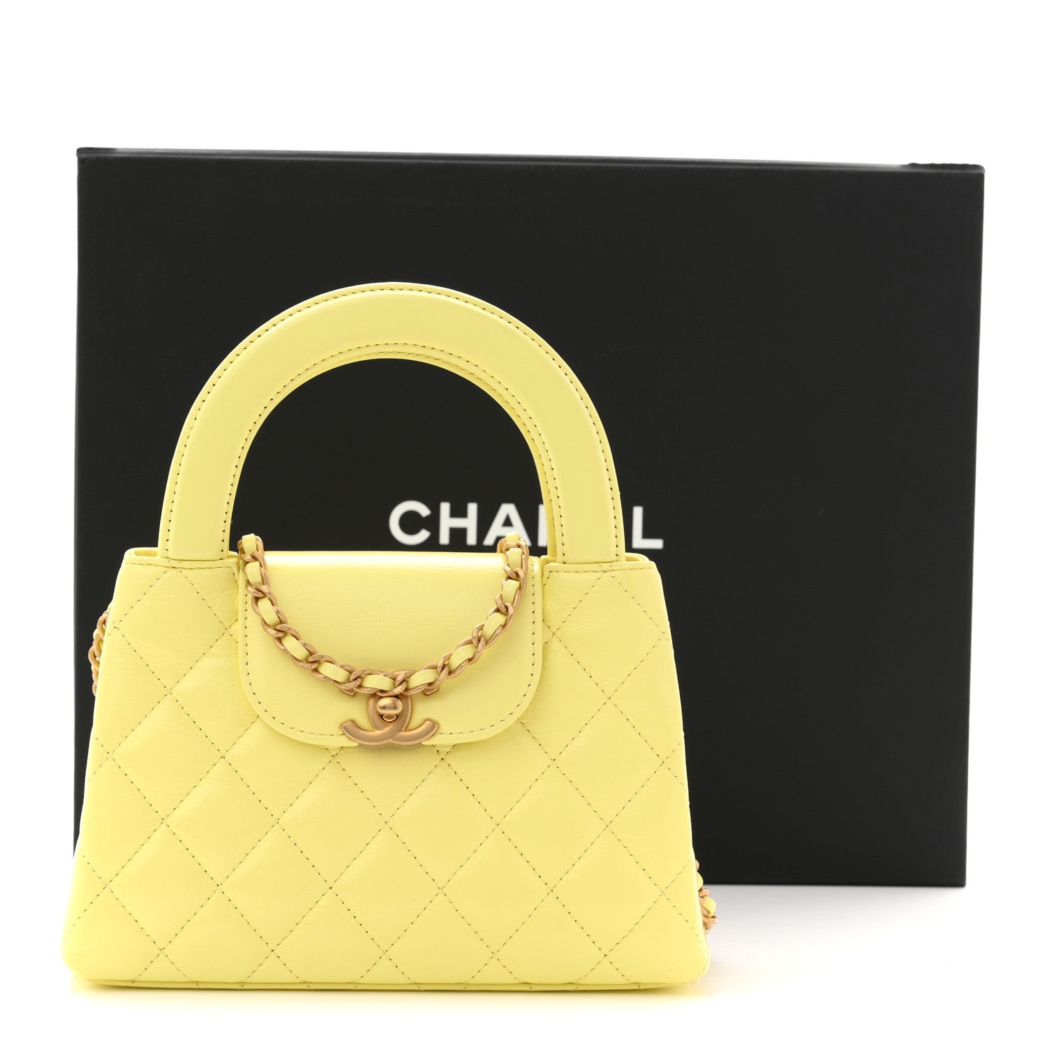 Shiny Aged Calfskin Quilted Nano Kelly Shopper Light Yellow