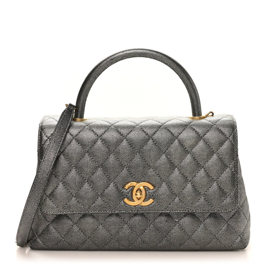 Metallic Caviar Quilted Small Coco Handle Flap Silver