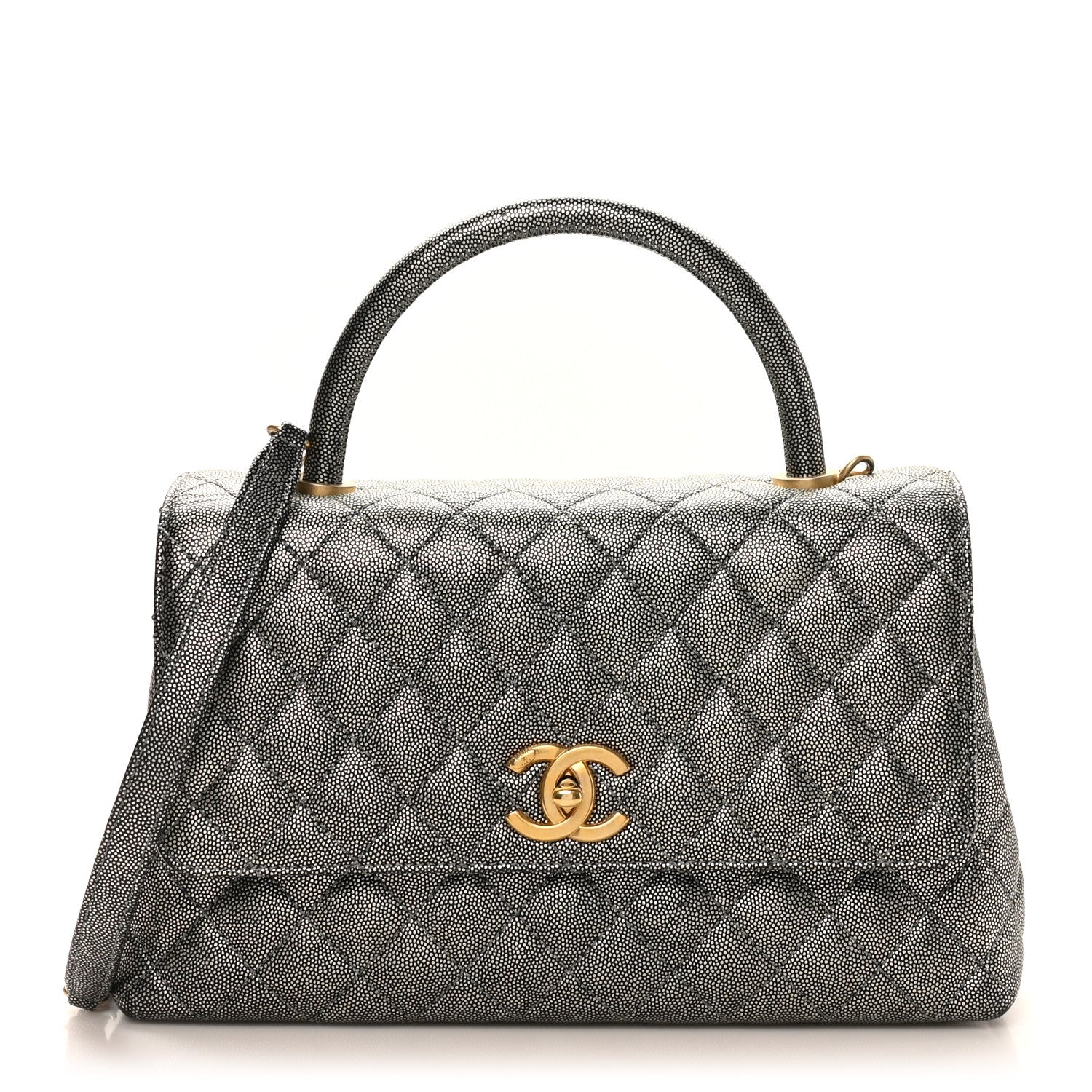 Metallic Caviar Quilted Small Coco Handle Flap Silver