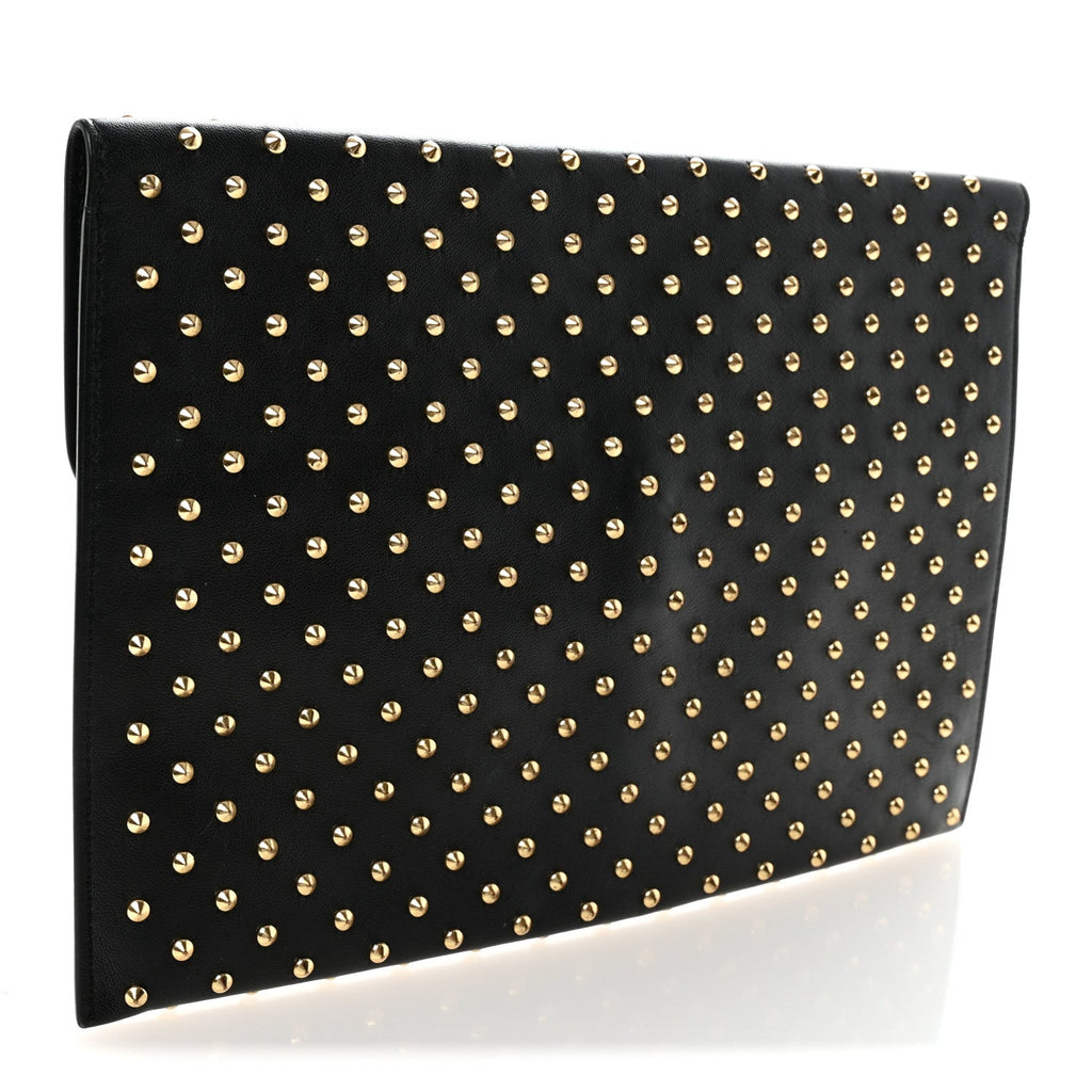 Calfskin Studded Skull Envelope Clutch Black