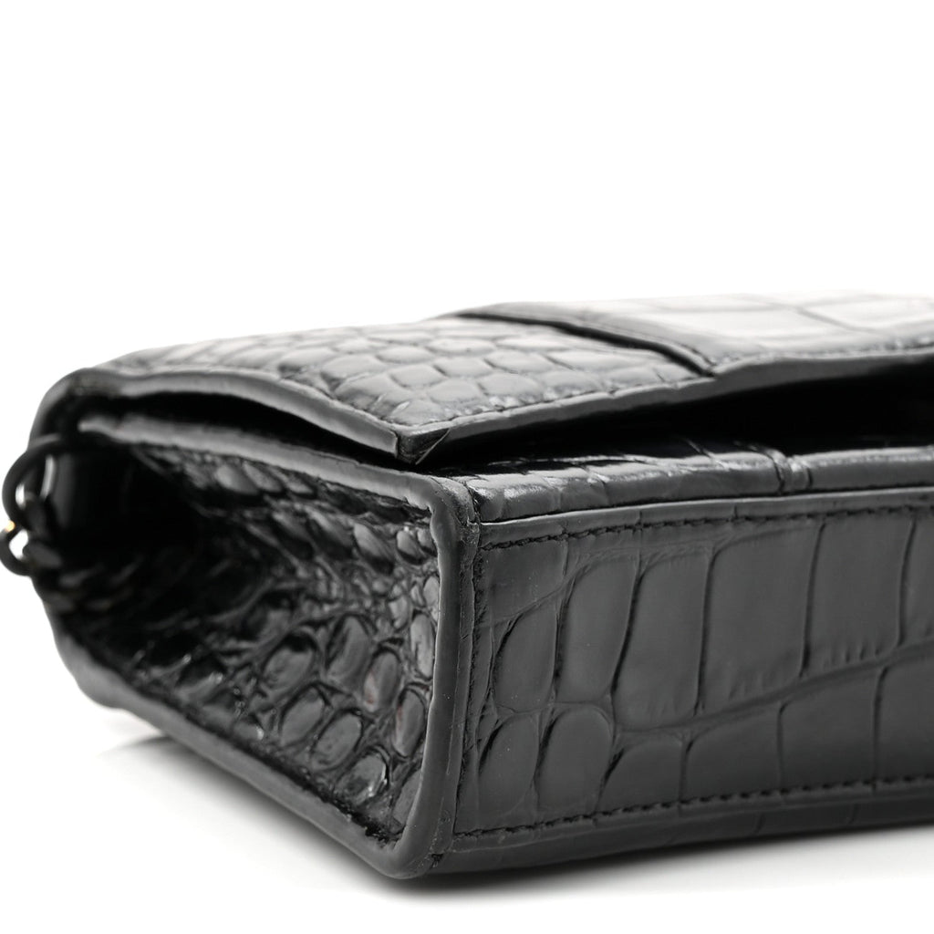 Shiny Calfskin Monochrome Crocodile Embossed Hourglass Chain Bag Black
