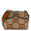 Monogram Jumbo GG Textured Dollar Calfskin Web Messenger Shoulder Bag Camel Ebony New Acero