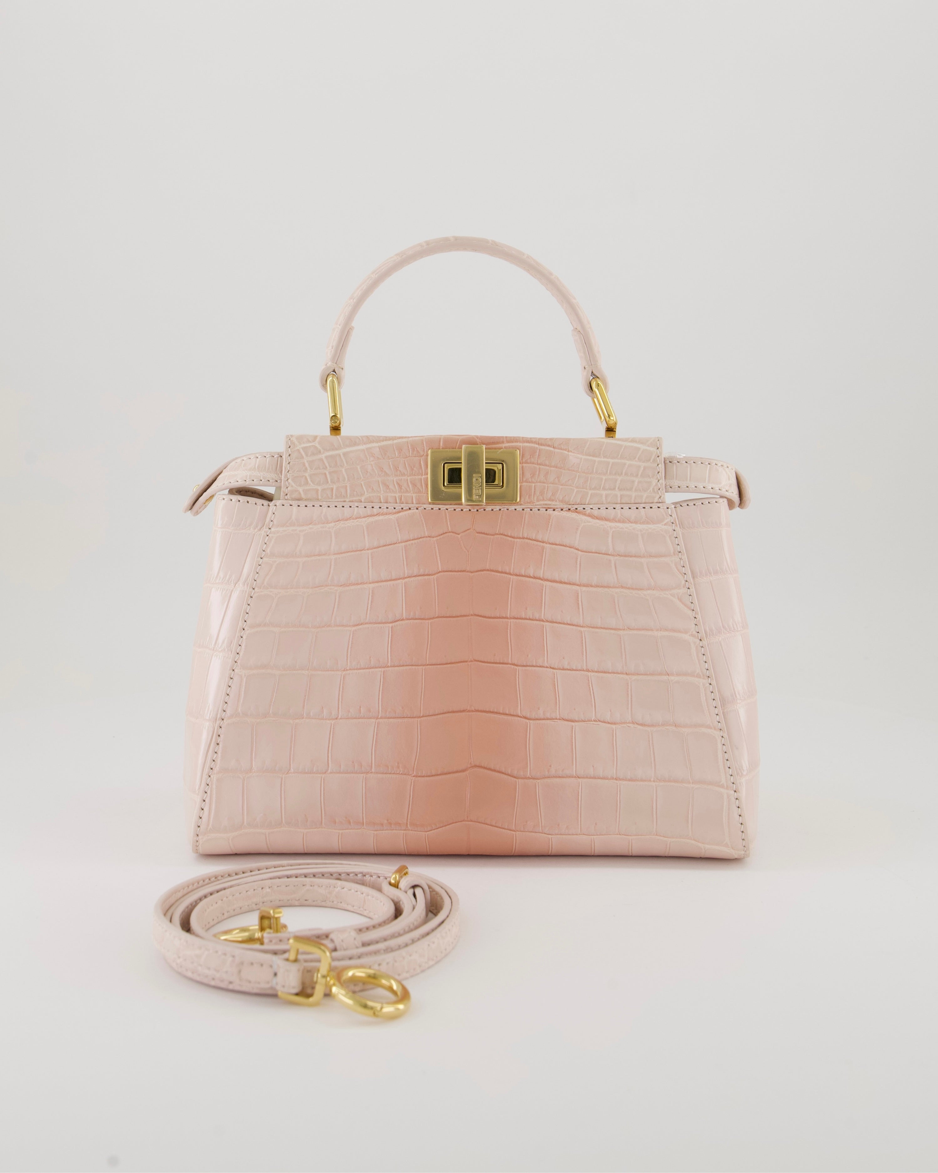 Fendi Mini Peekaboo in Egg Shell & Rose Niloticus Crocodile Leather with Gold Hardware