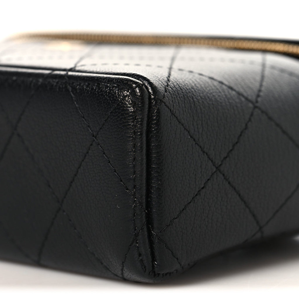 Goatskin Stitched Top Handle Slim Vanity With Chain Black