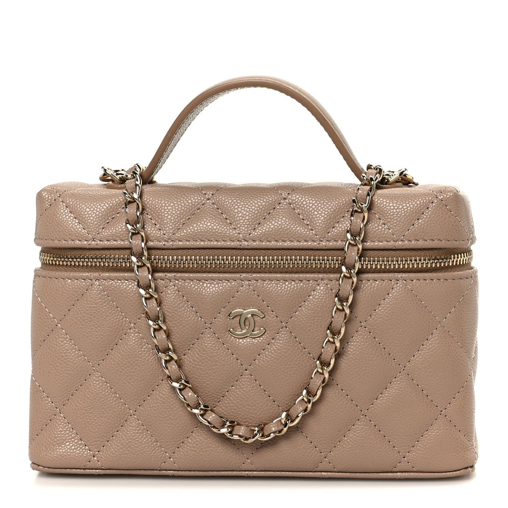 Caviar Quilted Top Handle Slim Vanity With Chain Dark Beige