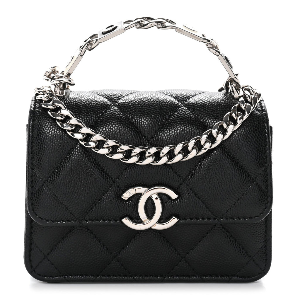 Caviar Quilted Enamel Top Handle Flap Clutch With Chain Black