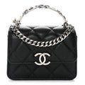 Caviar Quilted Enamel Top Handle Flap Clutch With Chain Black