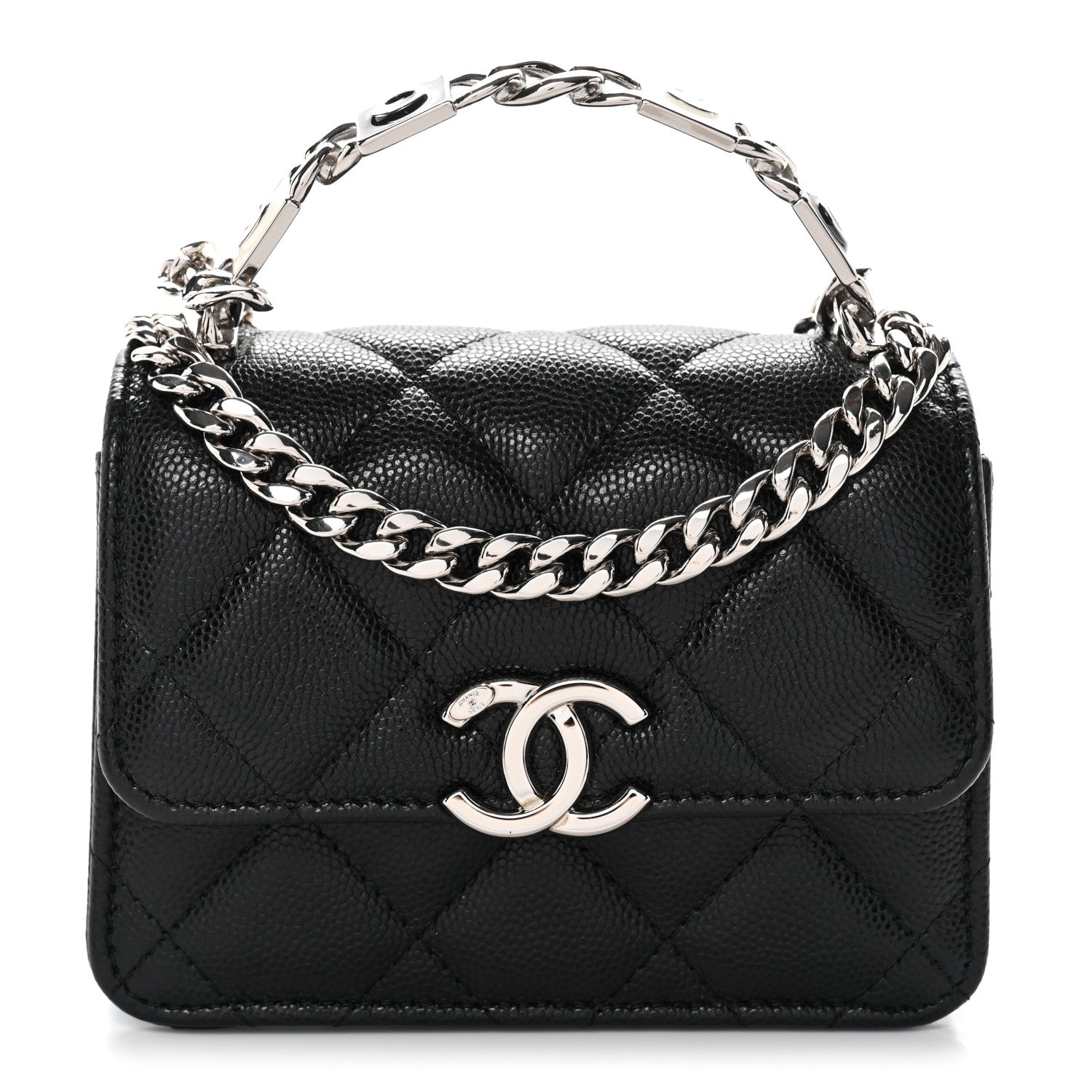Caviar Quilted Enamel Top Handle Flap Clutch With Chain Black