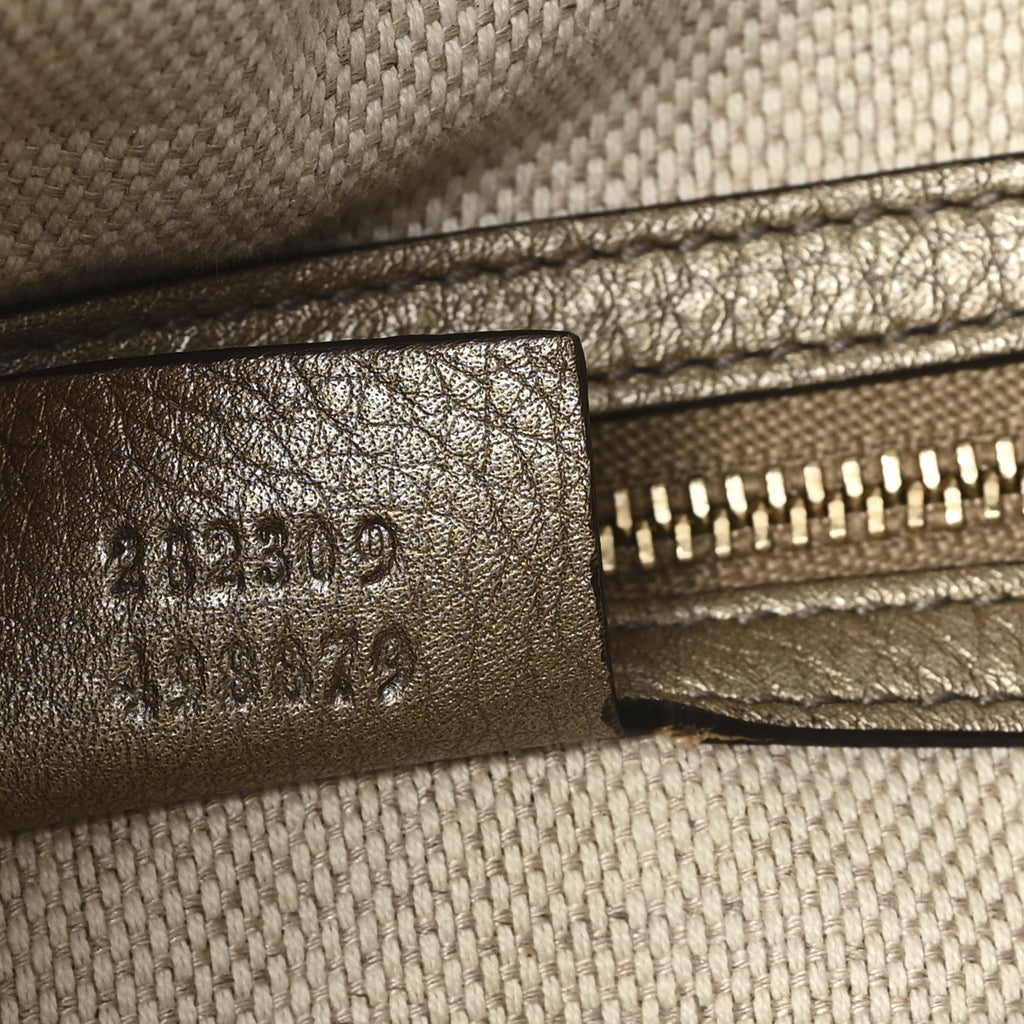 Metallic Pebbled Calfskin Medium Soho Shoulder Bag Golden Beige