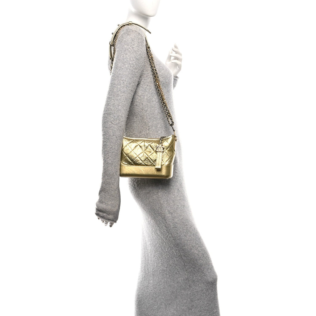 Metallic Aged Calfskin Quilted Small Gabrielle Hobo Gold
