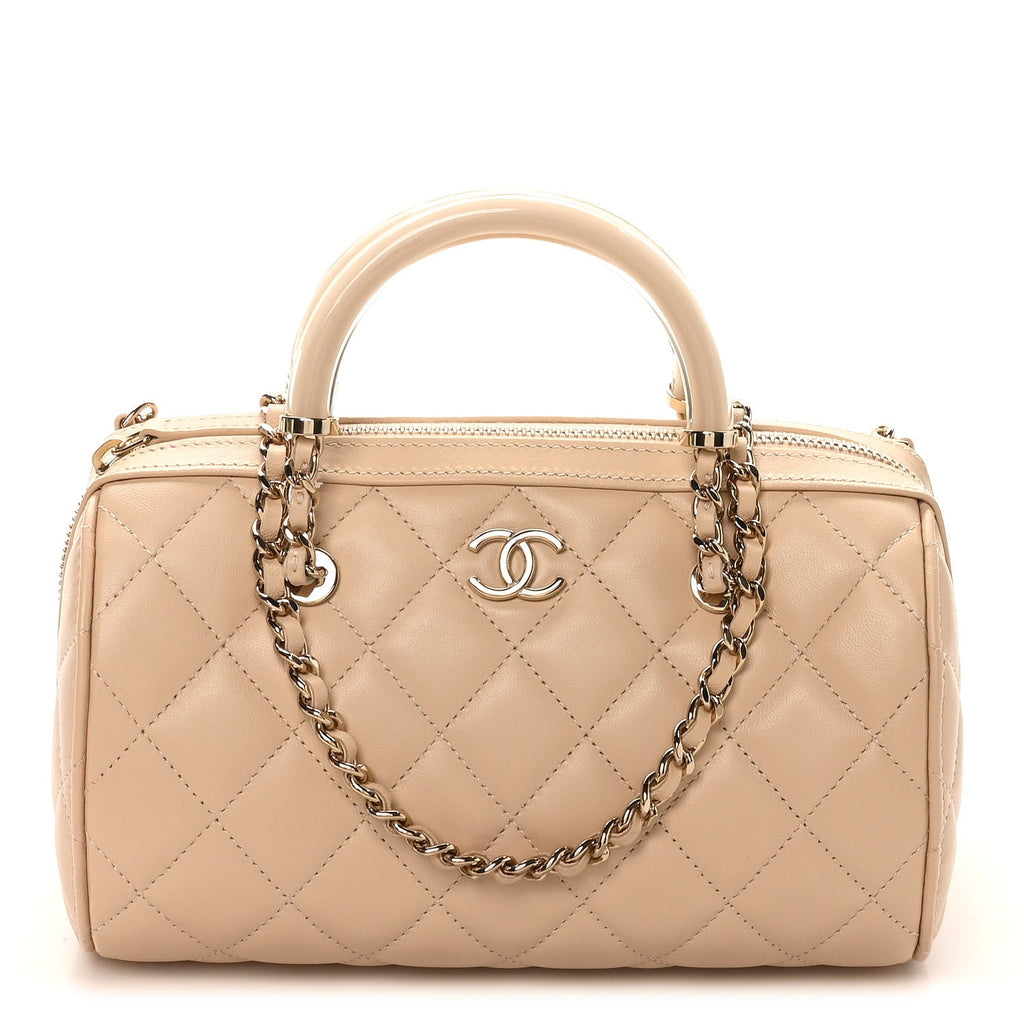 Lambskin Quilted Barrel Clutch With Chain Light Beige
