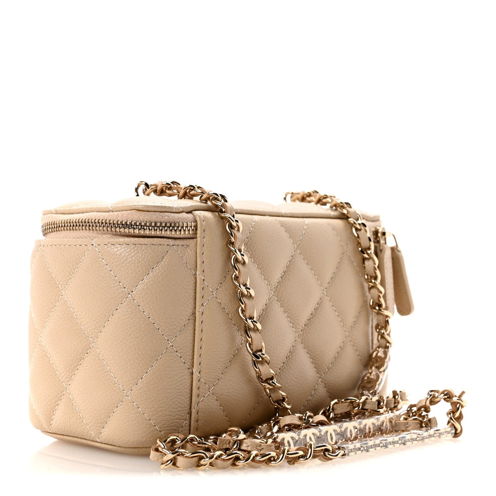 Caviar Quilted Small Tiny CC Vanity Case With Chain Beige