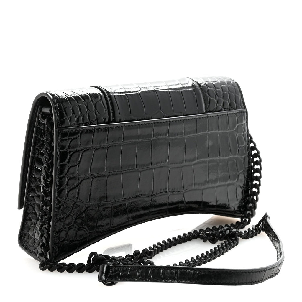 Shiny Calfskin Monochrome Crocodile Embossed Small Hourglass Evening Chain Bag Black
