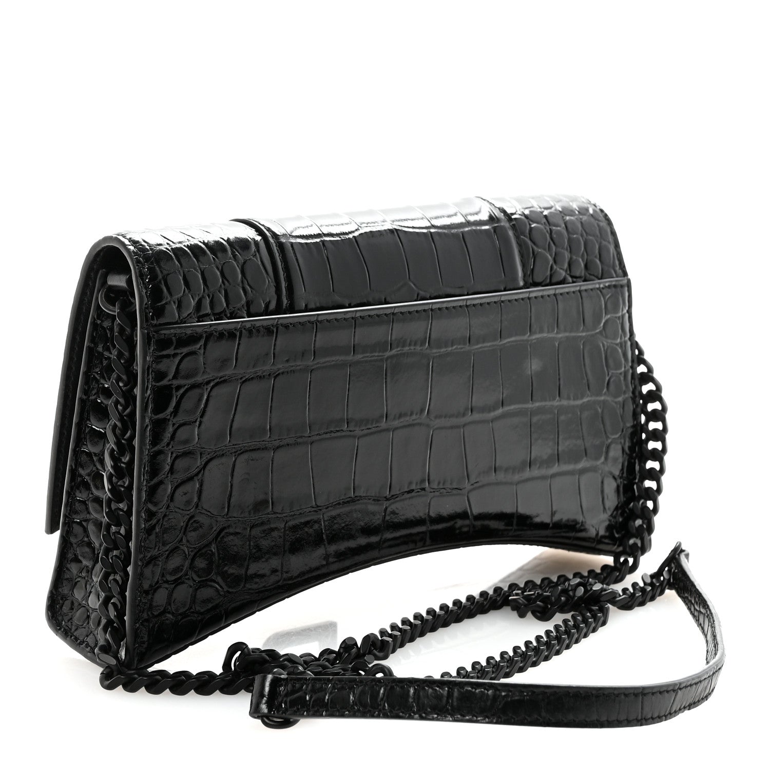 Shiny Calfskin Monochrome Crocodile Embossed Small Hourglass Evening Chain Bag Black
