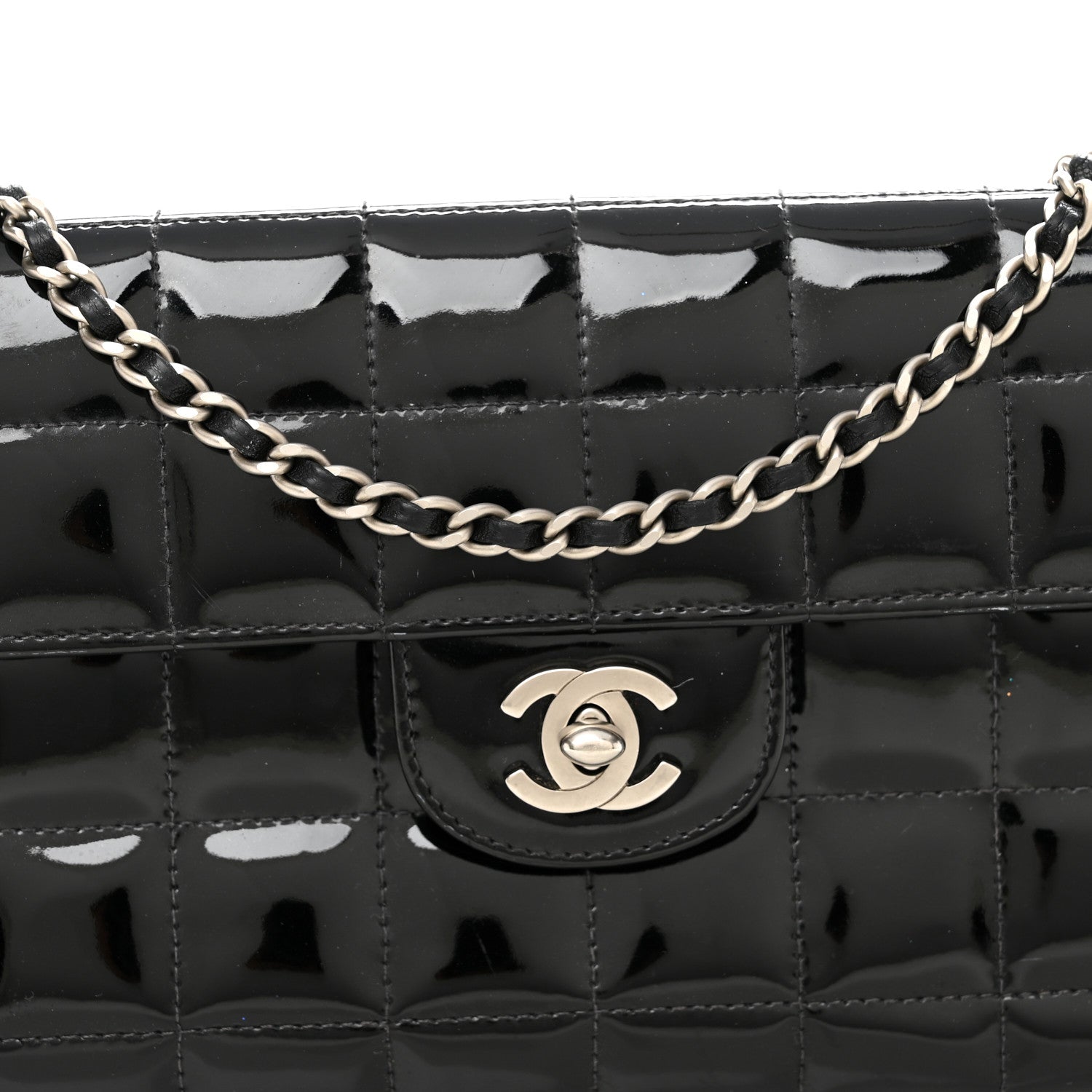 Patent Quilted East West Chocolate Bar Flap Black