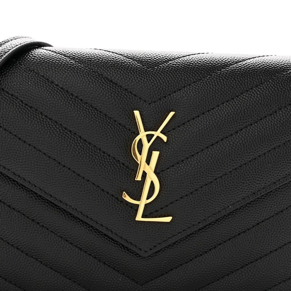 Grain De Poudre Matelasse Chevron Monogram Envelope Chain Wallet Black