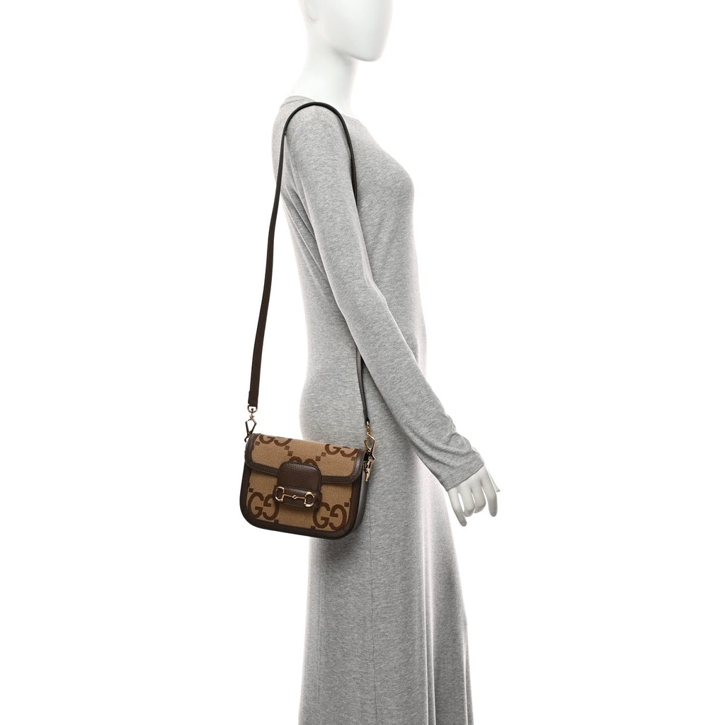 Monogram Jumbo GG Textured Dollar Calfskin Web Mini Horsebit 1955 Shoulder Bag Camel Ebony New Acero