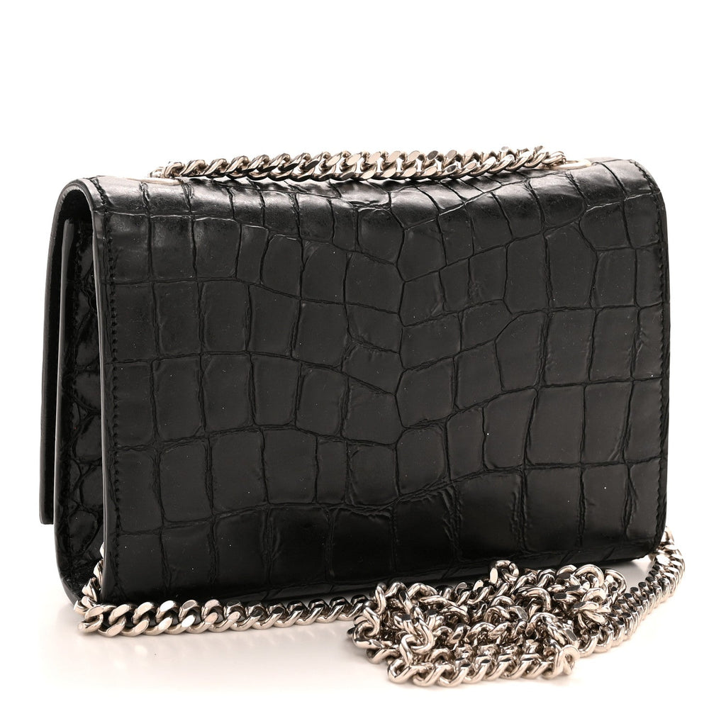 Calfskin Crocodile Embossed Small Classic Monogram Kate Tassel Satchel Black