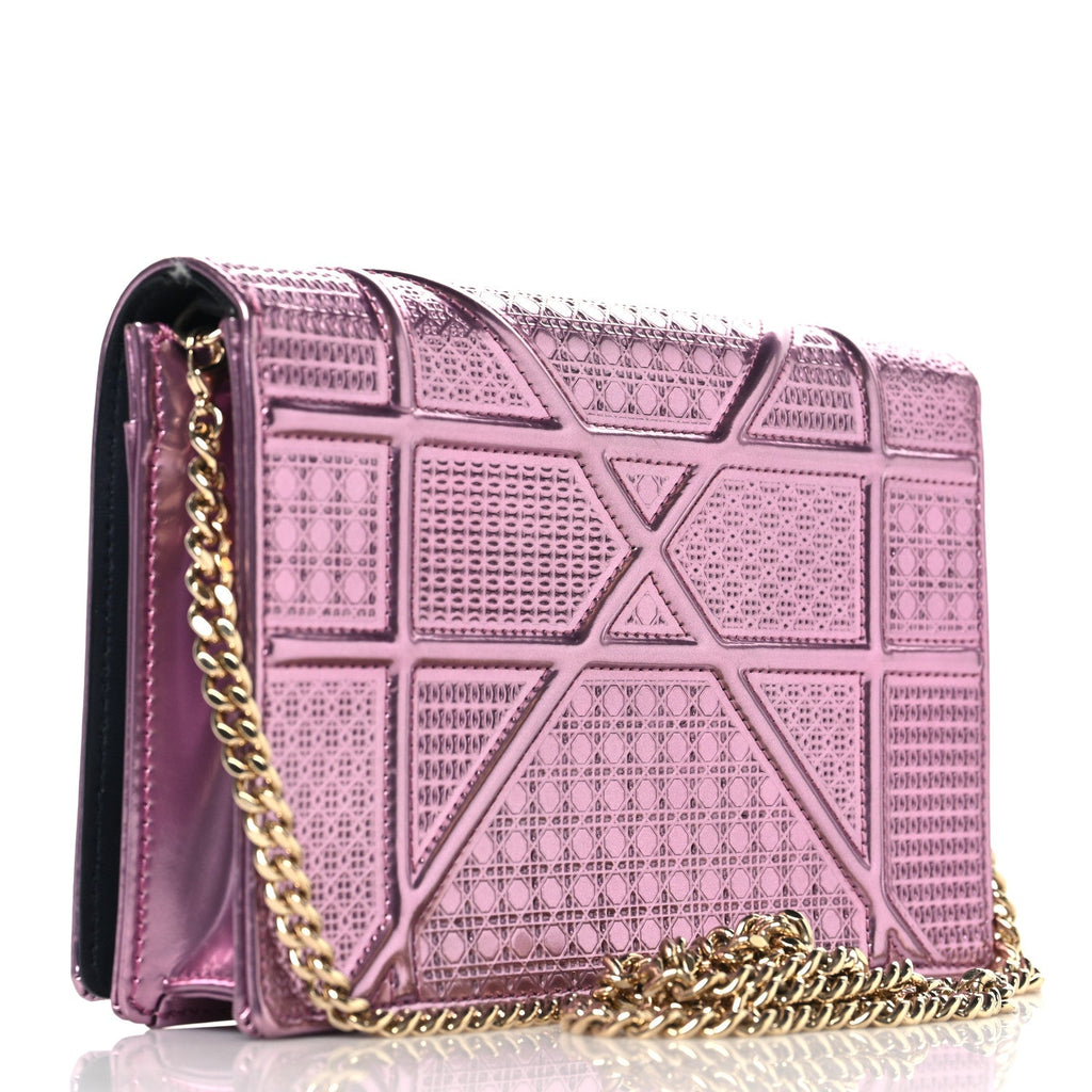 Metallic Patent Micro-Cannage Diorama Wallet on Chain Pouch Pink