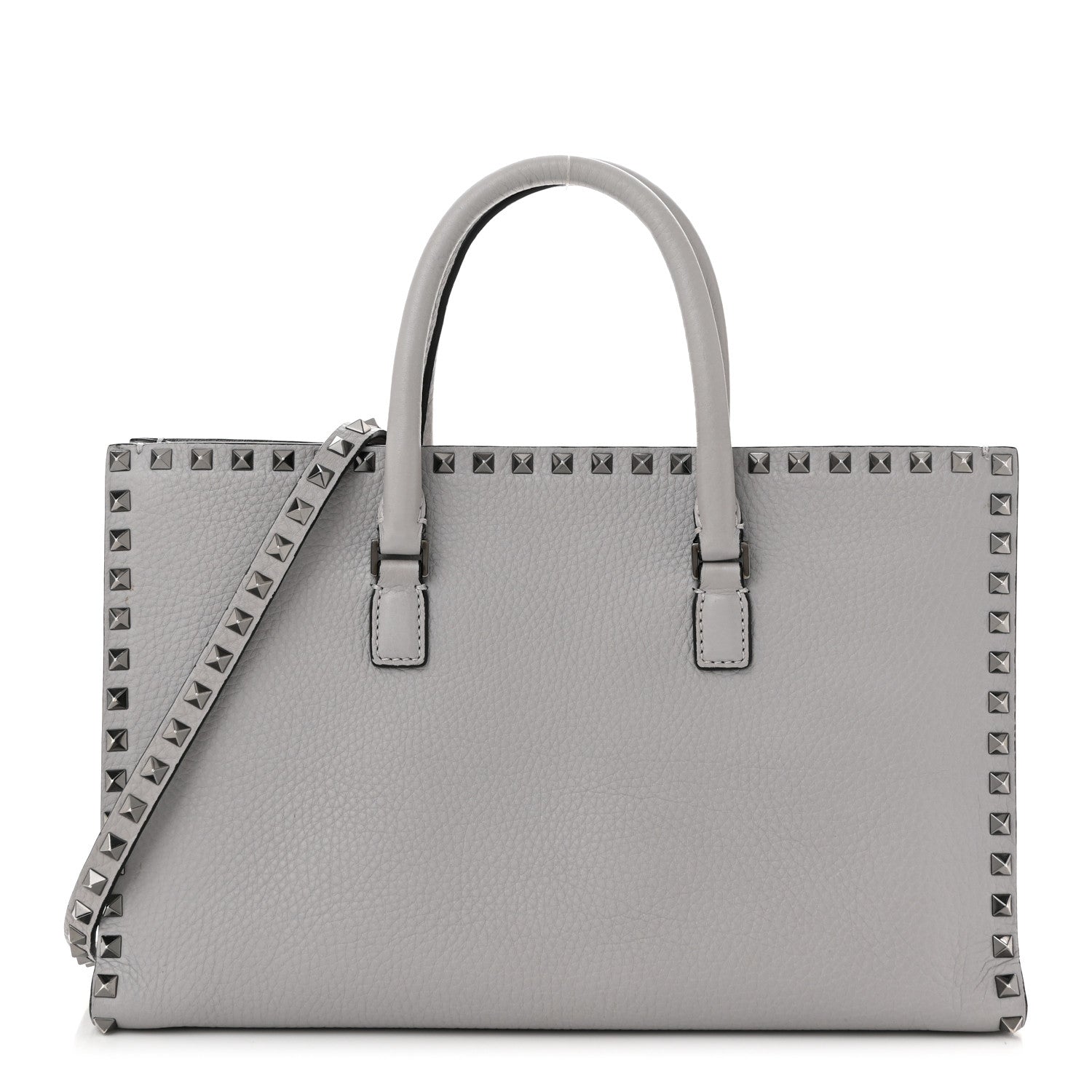 Grained Calfskin Medium Rockstud Double Handle Horizontal Tote Pastel Grey