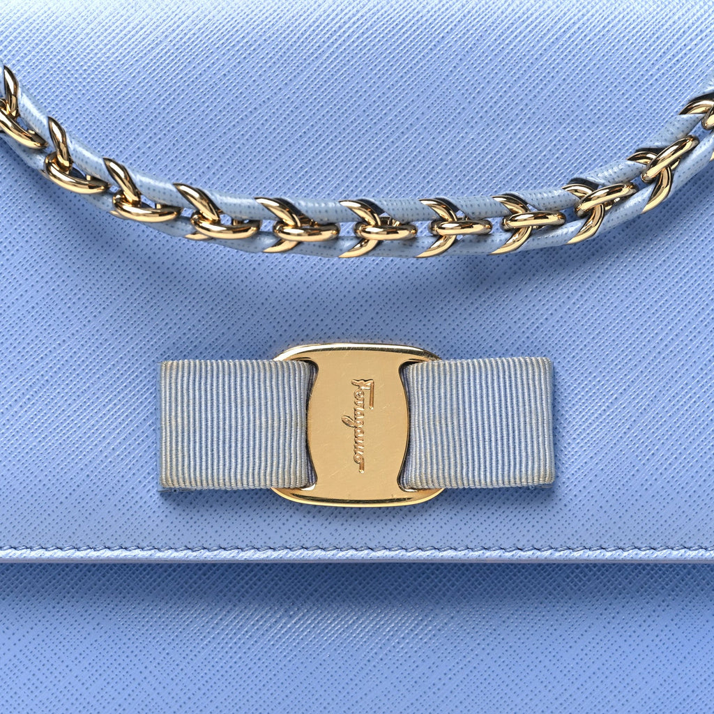 Hammered Calfskin Vara Bow Chain Crossbody Blue