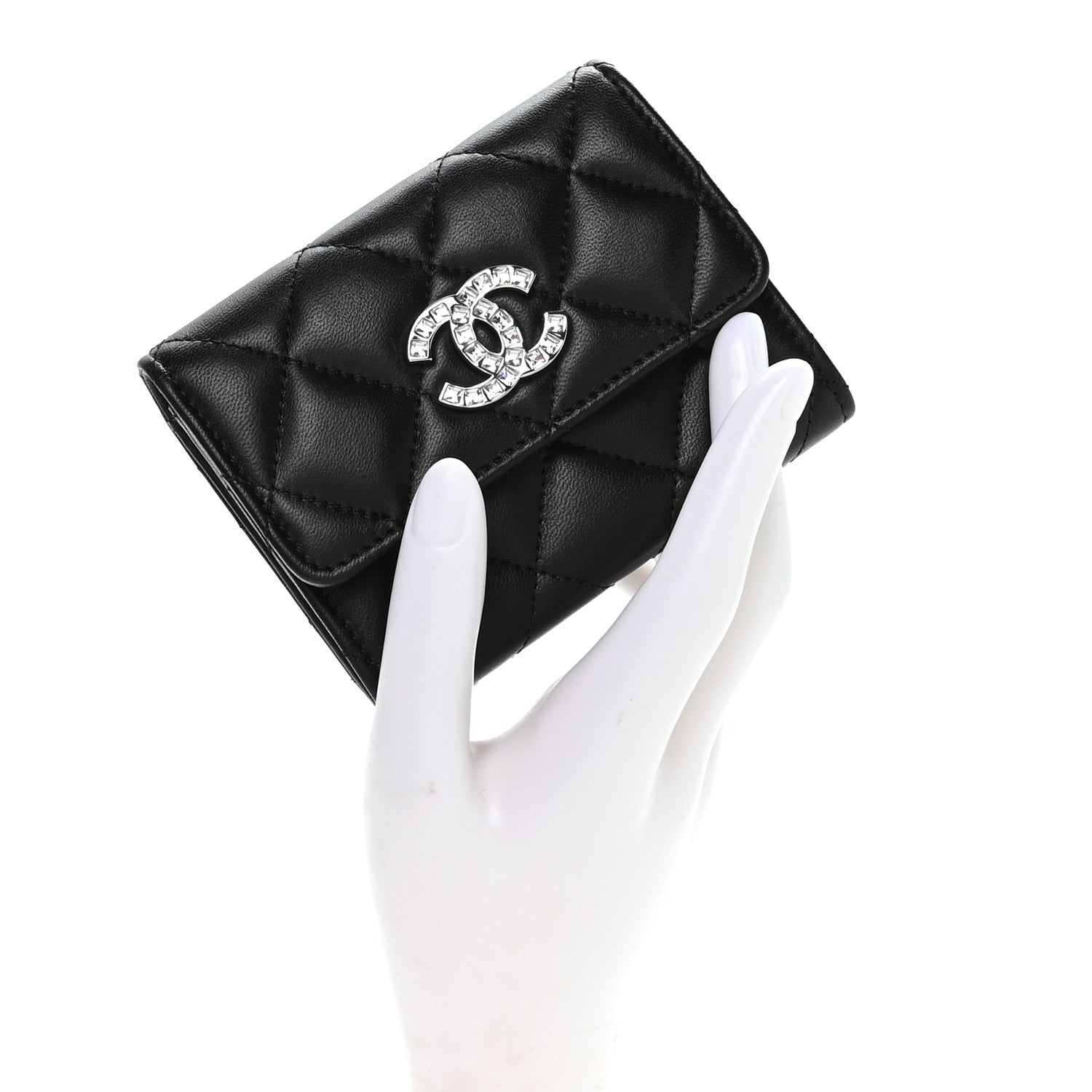 Lambskin Quilted Flap Baguette Crystal  Holder Wallet Black