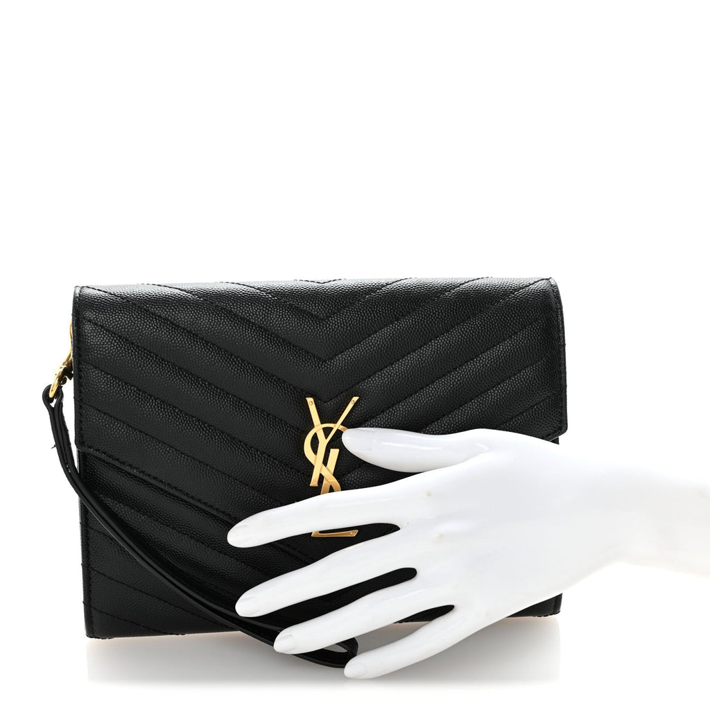 Grain De Poudre Matelasse Chevron Monogram Envelope Clutch Black