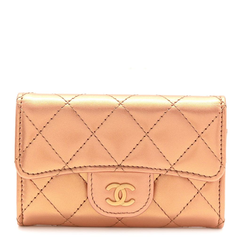 Metallic Lambskin Quilted Flap  Holder Wallet Golden