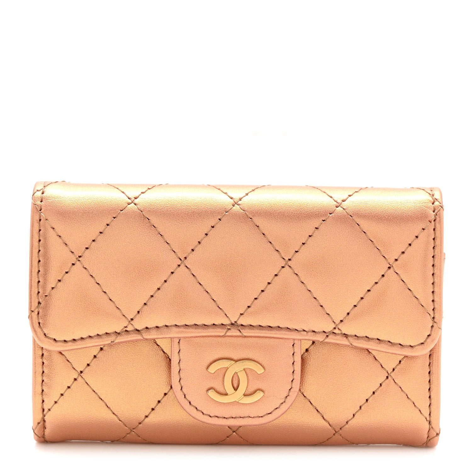 Metallic Lambskin Quilted Flap  Holder Wallet Golden