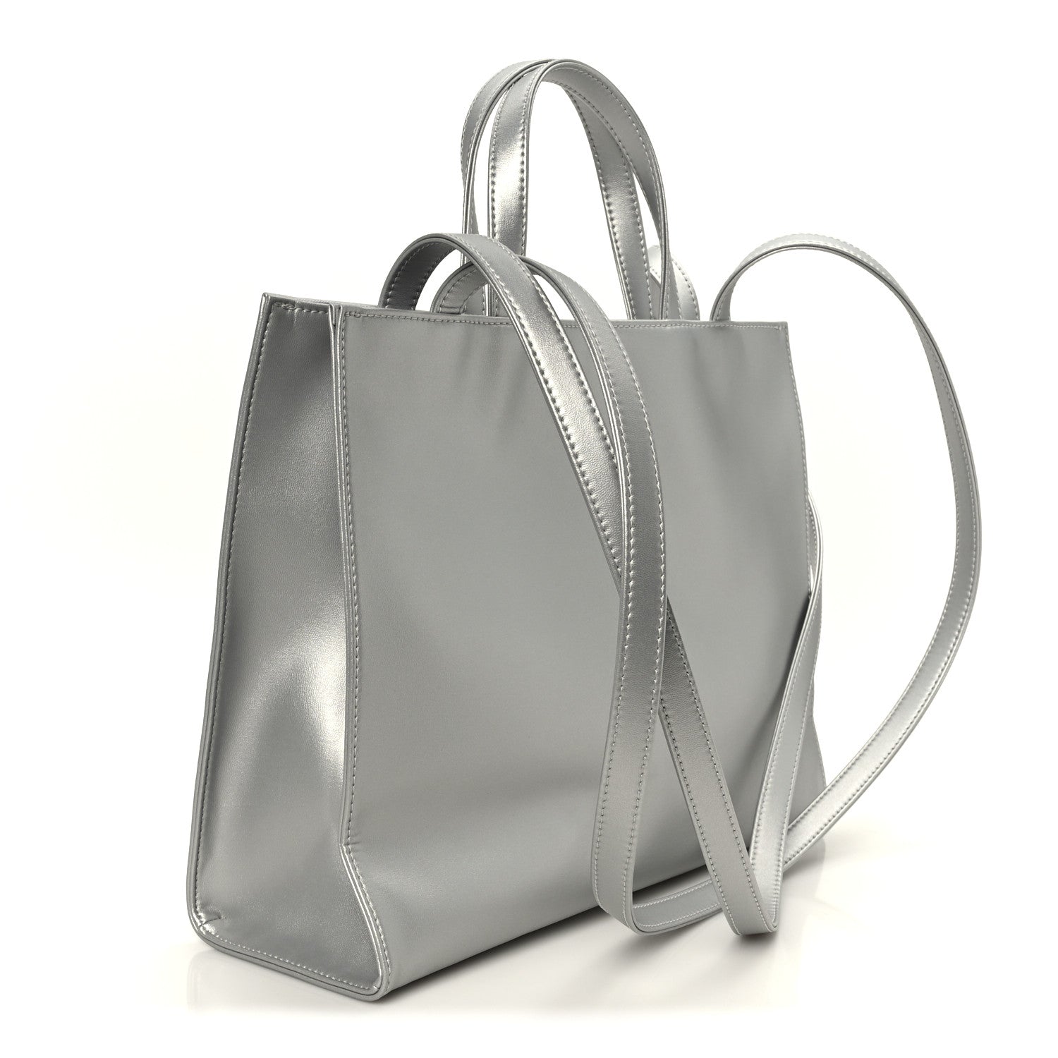 Metallic Vegan Leather Medium Shopping Bag Silver