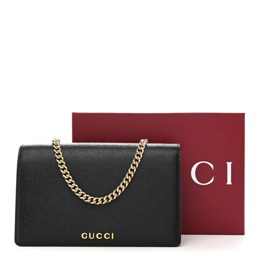 Textured Calfskin Script Logo Wallet On Chain Black