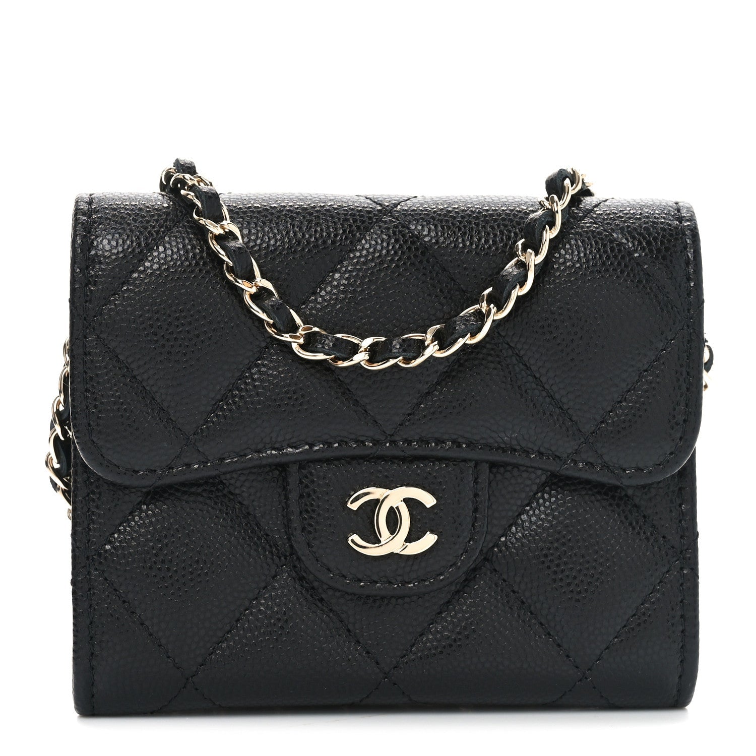 Caviar Quilted Flap  Holder On Chain Black