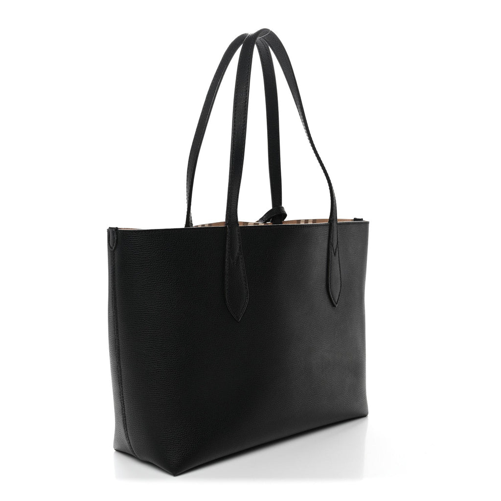 Grainy Calfskin Haymarket Check Small Reversible Tote Black