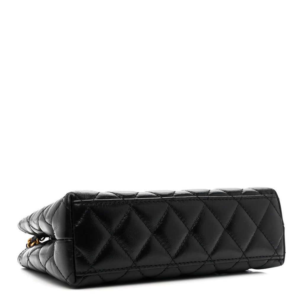 Shiny Aged Calfskin Quilted Nano Kelly Shopper Black